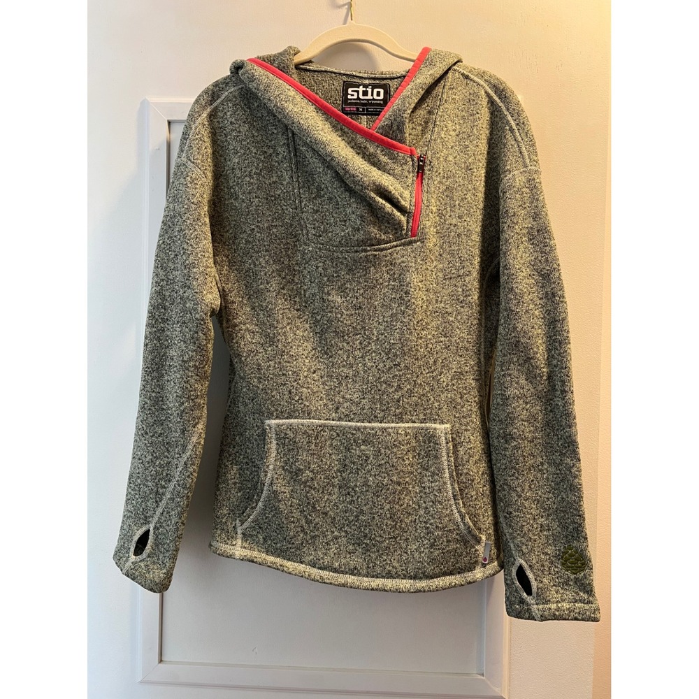 Stio Sweetwater Fleece Hoodie Womens Medium Grey Pink Asymmetric Zip Pullover